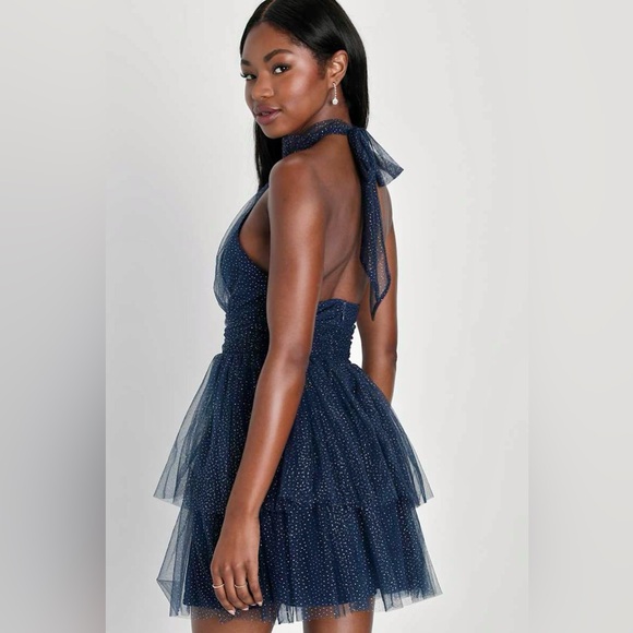 NWT Lulus Sweet Magic Navy Blue Glitter Tiered Tulle Halter Mini Dress, Medium - Picture 2 of 14